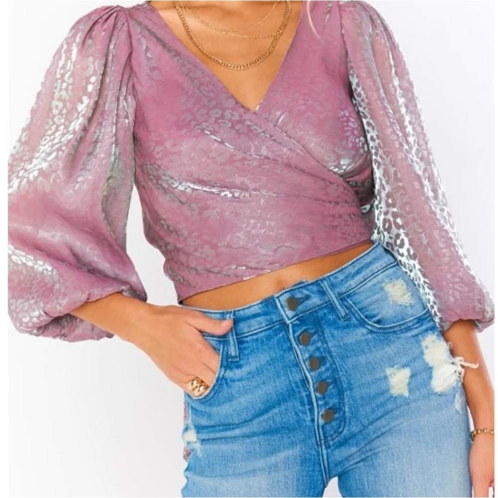 Show Me Your Mumu Joplin Wrap Blouse S Mauve Lilac Metallic Leopard Crop‎ Top